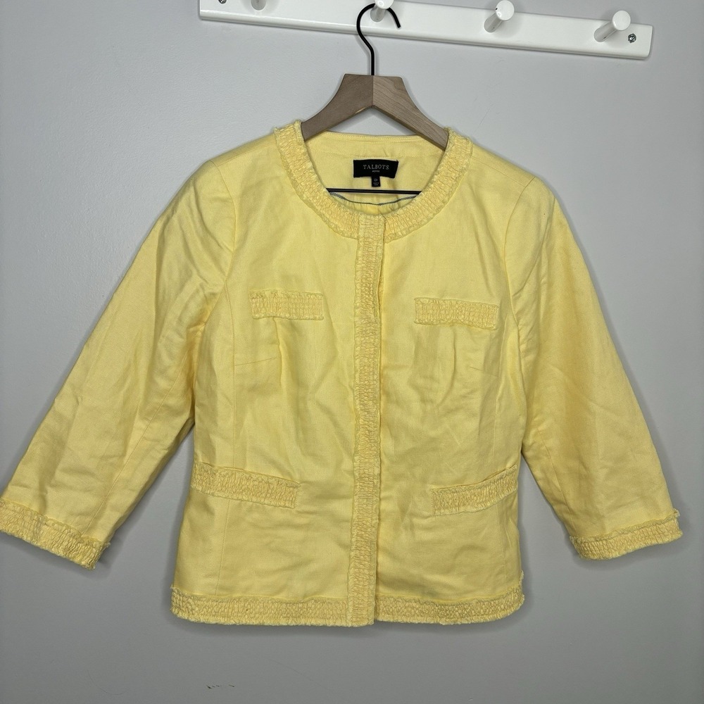 Talbots Petite Blazer 12P Yellow Linen Career Dainty Preppy‎ Short 3/4 Sleeve